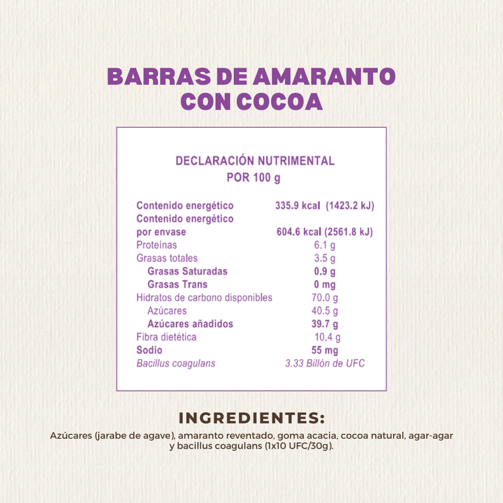 Barras de Amaranto con Cocoa 180 GR Caja con 6 piezas | Nutriwell