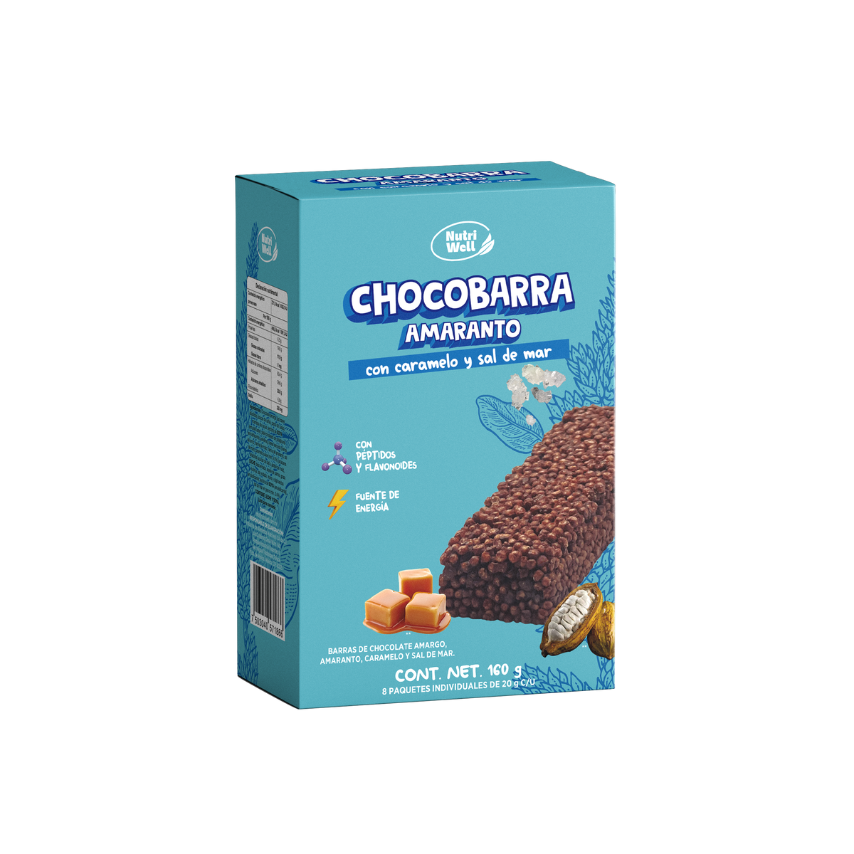 Chocobarras de Amaranto con Caramelo y Sal de Mar 160 GR Caja con 8 pzas | Nutriwell