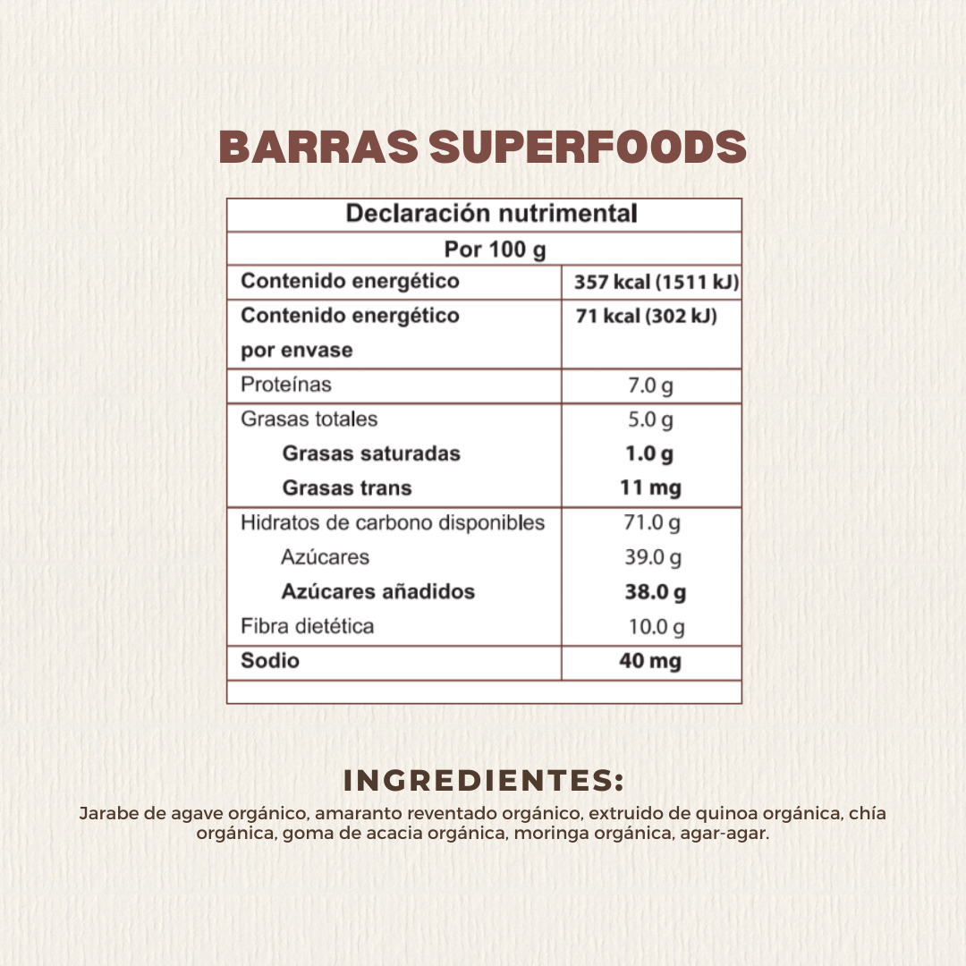 Barras Superfoods Moringa Quinoa Amaranto Chia 180 GR Caja con 6 piezas | Nutriwell