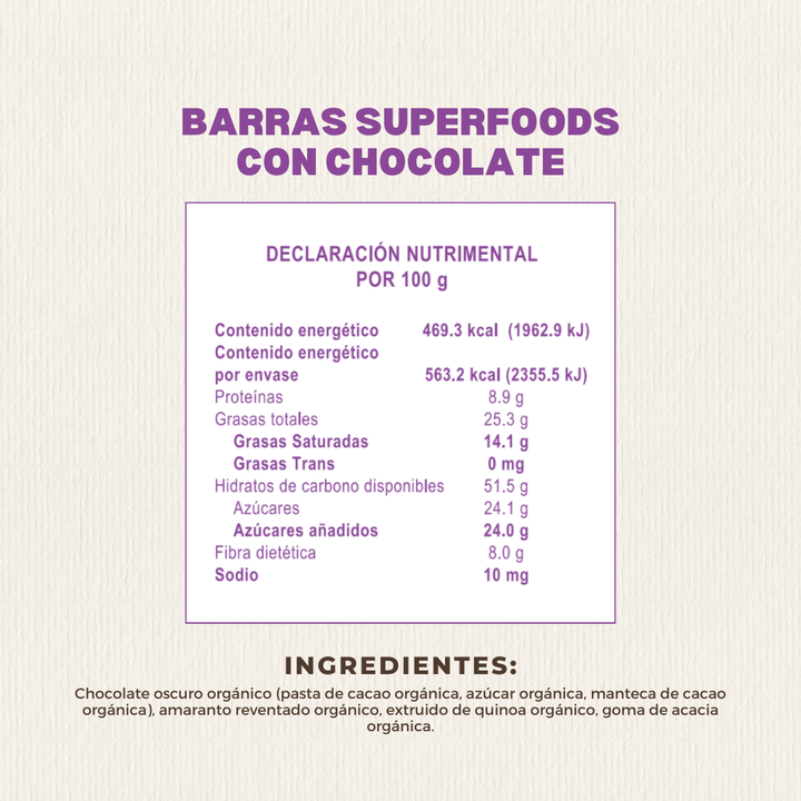 Barras Superfoods Chocolate Oscuro 120 GR Caja con 6 piezas | Nutriwell