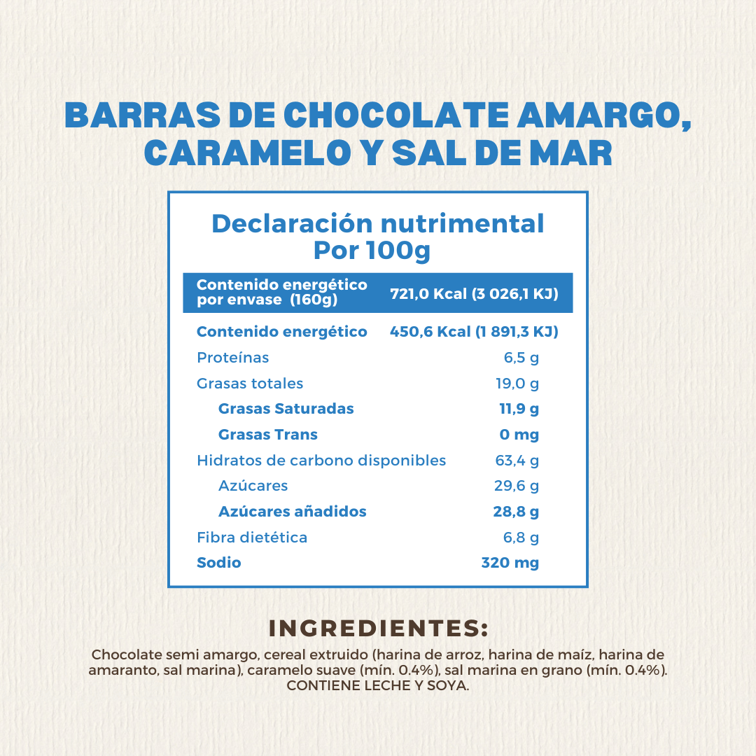 Chocobarras de Amaranto con Caramelo y Sal de Mar 160 GR Caja con 8 pzas | Nutriwell