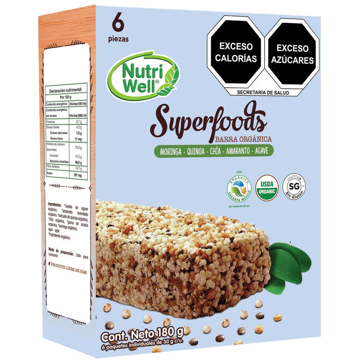 barra superfoods con moringa, quinoa, chía y amaranto.